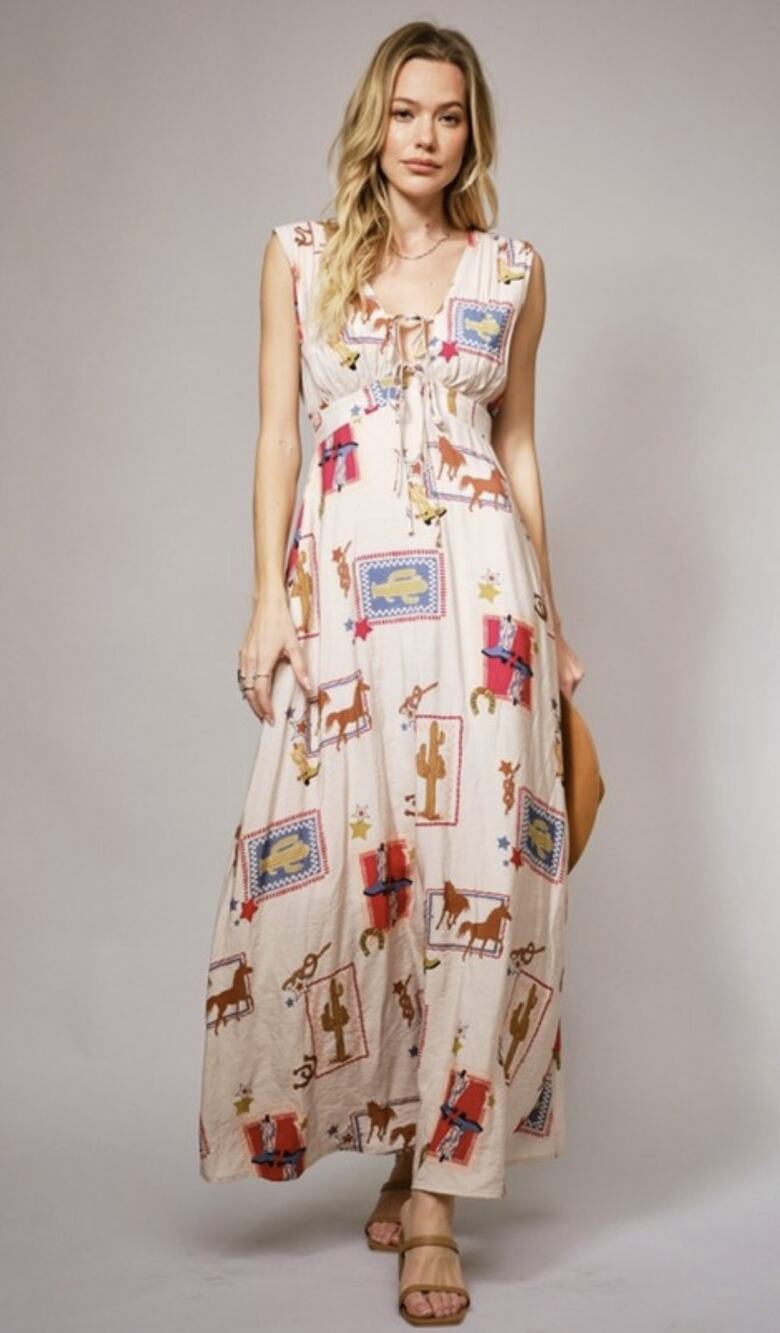 Blue B Women's Western Motif Tie Front Maxi Dress